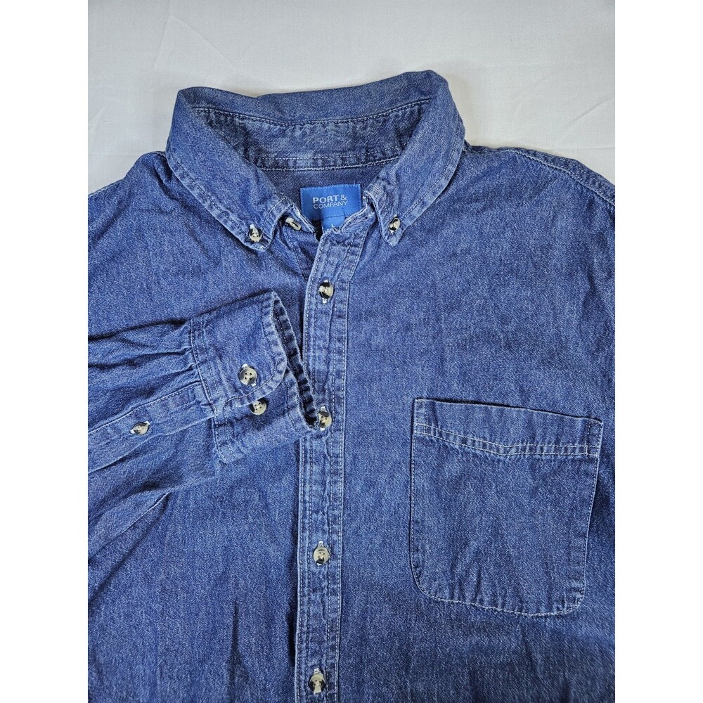Port & Company Shirt Men's Size Large  Blue Denim Button Down Long Sleeve L